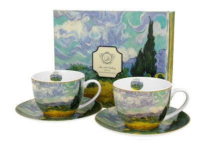 DUO ART GALLERY 2er-Set Tassen 250 ml WHEAT FIELD mit Untertassen, New Bone China Porzellan