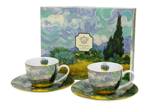 DUO ART GALLERY 2er-Set Espressotassen 90 ml WHEAT FIELD mit Untertassen, New Bone China Porzellan