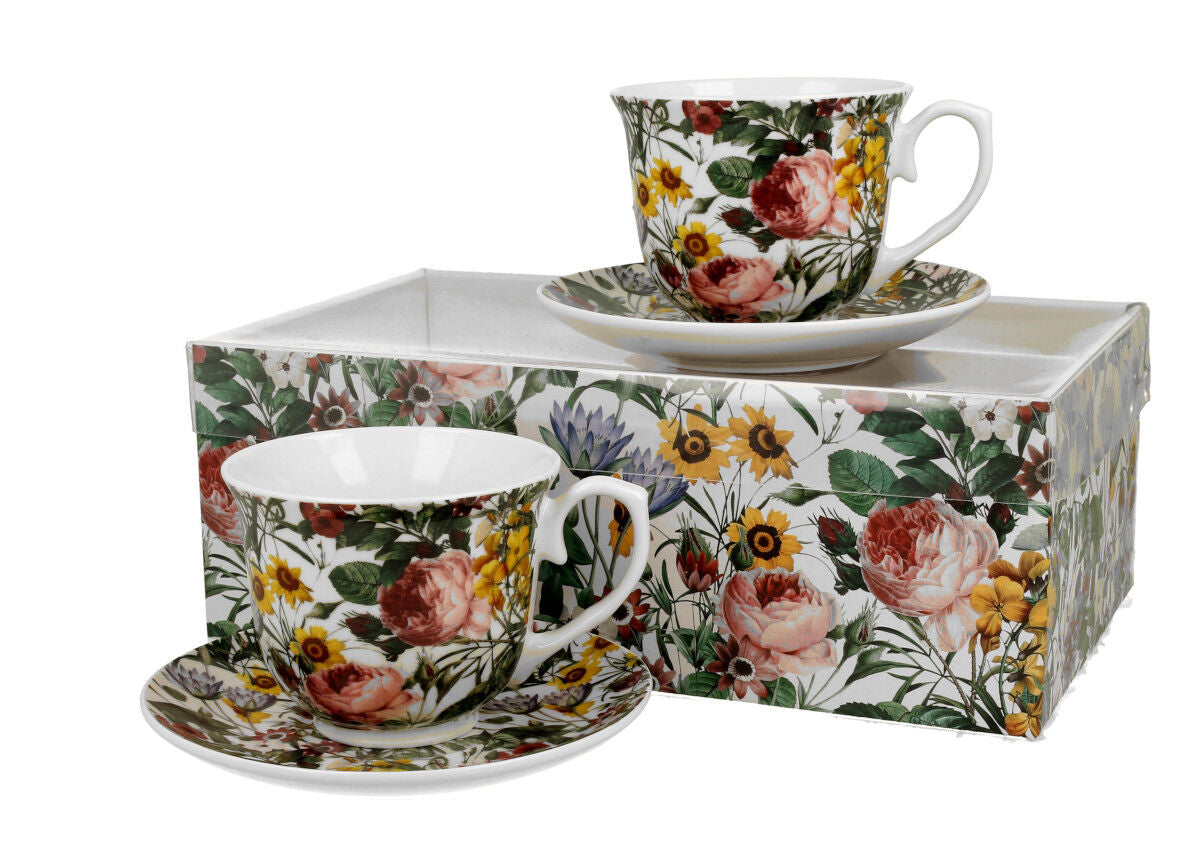 DUO FLORAL 2er-Set Tassen 250 ml SPRING mit Untertassen, New Bone China Porzellan