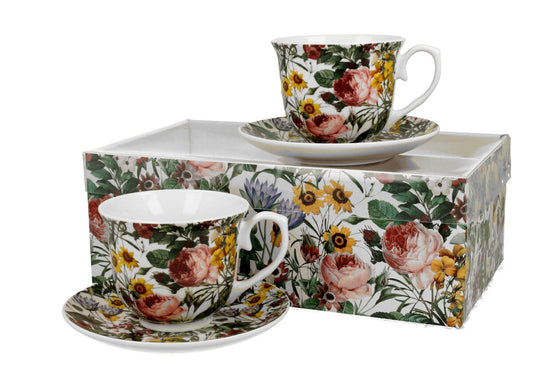 DUO FLORAL 2er-Set Tassen 250 ml SPRING mit Untertassen, New Bone China Porzellan