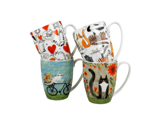 DUO ANIMALS 4er-Set klassische Becher 360 ml CAT'S WORLD New Bone China Porzellan