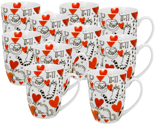 10er SET DUO ANIMALS Klassischer Becher 360 ml CAT'S WORLD - HEARTS New Bone China Porzellan