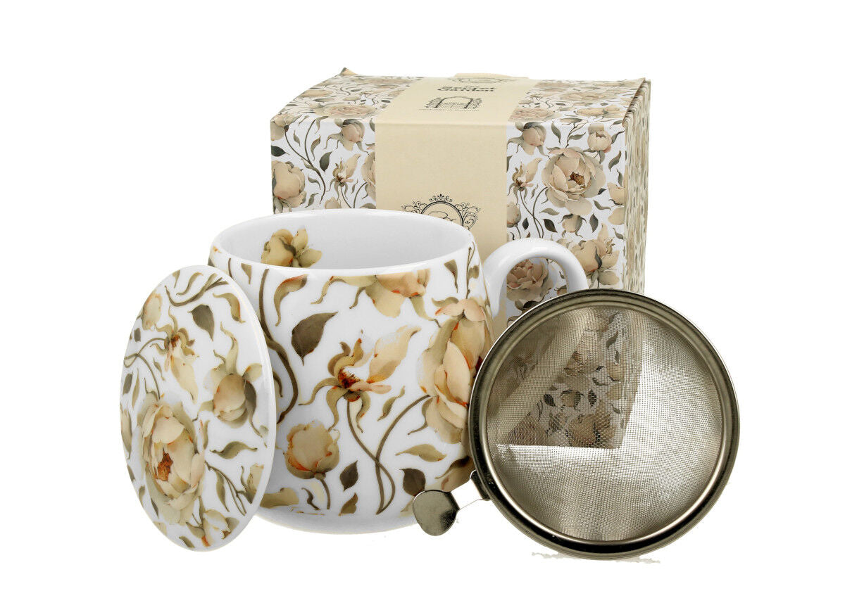 DUO FLORAL Fassbecher 430 ml ENGLISH ROSES WHITE mit Teesieb, New Bone China Porzellan