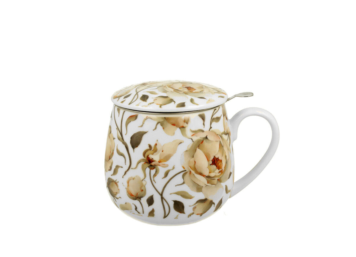 DUO FLORAL Fassbecher 430 ml ENGLISH ROSES WHITE mit Teesieb, New Bone China Porzellan – Bild 2