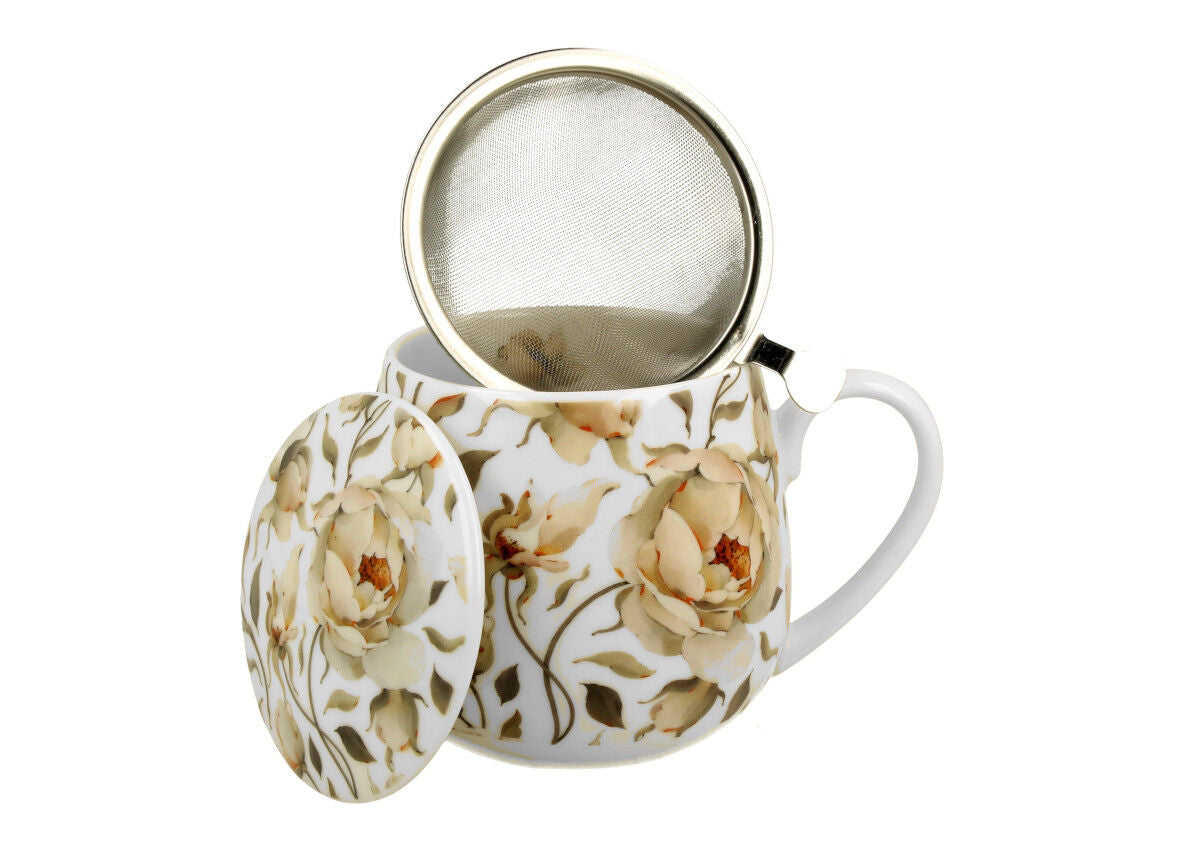 DUO FLORAL Fassbecher 430 ml ENGLISH ROSES WHITE mit Teesieb, New Bone China Porzellan – Bild 3