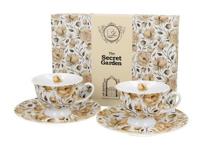 DUO FLORAL 2er-Set Espressotassen 100 ml ENGLISH ROSES WHITE mit Untertassen, New Bone China Porzellan