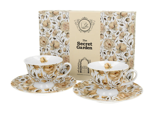DUO FLORAL 2er-Set Espressotassen 100 ml ENGLISH ROSES WHITE mit Untertassen, New Bone China Porzellan