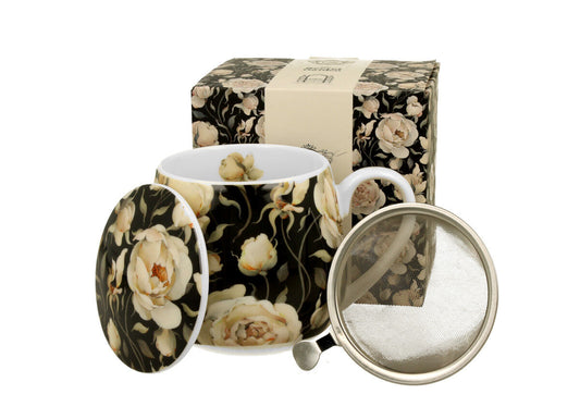 DUO FLORAL Fassbecher 430 ml ENGLISH ROSES BLACK mit Teesieb, New Bone China Porzellan