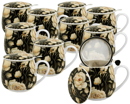 10er SET DUO FLORAL Fassbecher 430 ml ENGLISH ROSES BLACK mit Teesieb, New Bone China Porzellan