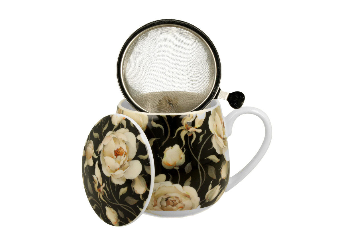 DUO FLORAL Fassbecher 430 ml ENGLISH ROSES BLACK mit Teesieb, New Bone China Porzellan – Bild 2