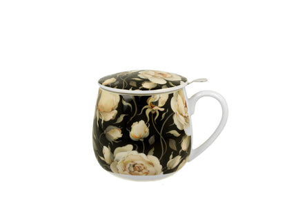 10er SET DUO FLORAL Fassbecher 430 ml ENGLISH ROSES BLACK mit Teesieb, New Bone China Porzellan – Bild 2