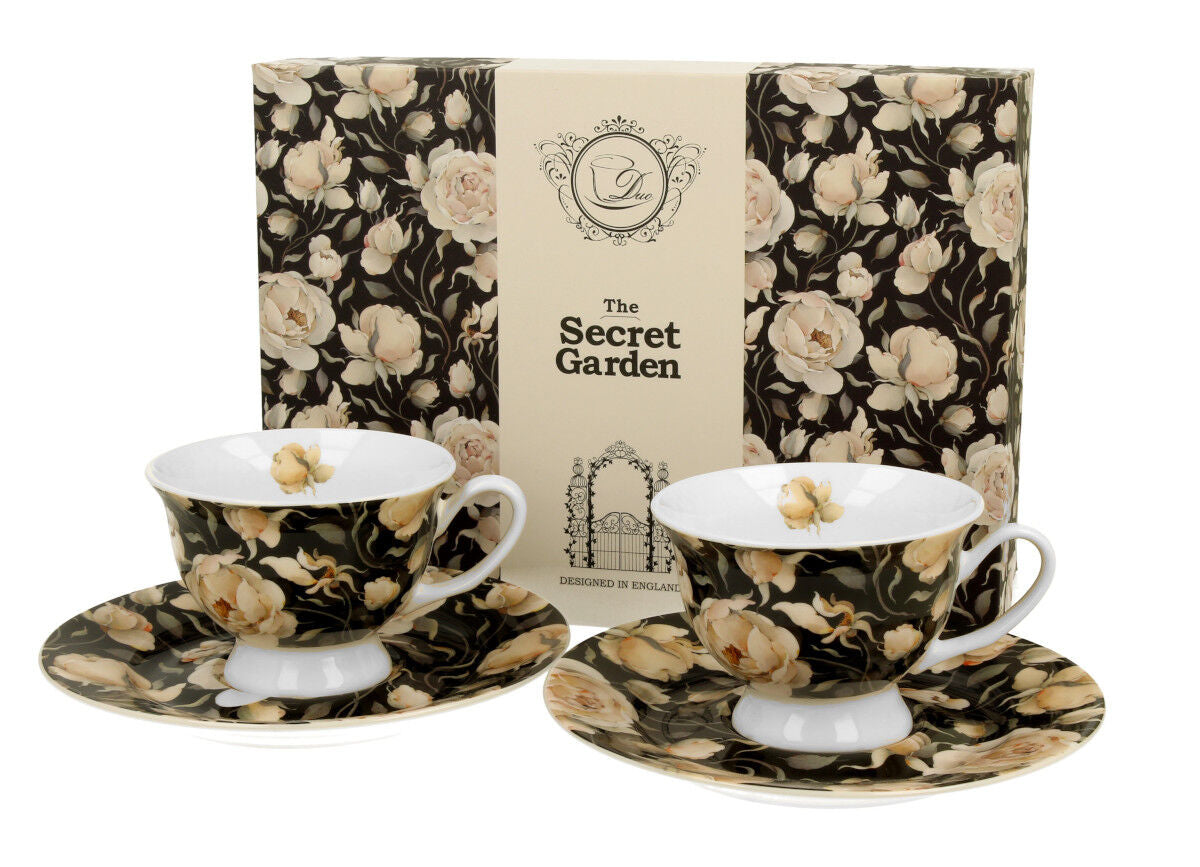DUO FLORAL 2er-Set Espressotassen 100 ml ENGLISH ROSES BLACK mit Untertassen, New Bone China Porzellan