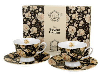 DUO FLORAL 2er-Set Espressotassen 100 ml ENGLISH ROSES BLACK mit Untertassen, New Bone China Porzellan