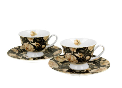 DUO FLORAL 2er-Set Espressotassen 100 ml ENGLISH ROSES BLACK mit Untertassen, New Bone China Porzellan – Bild 2