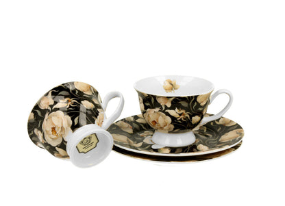DUO FLORAL 2er-Set Espressotassen 100 ml ENGLISH ROSES BLACK mit Untertassen, New Bone China Porzellan – Bild 3