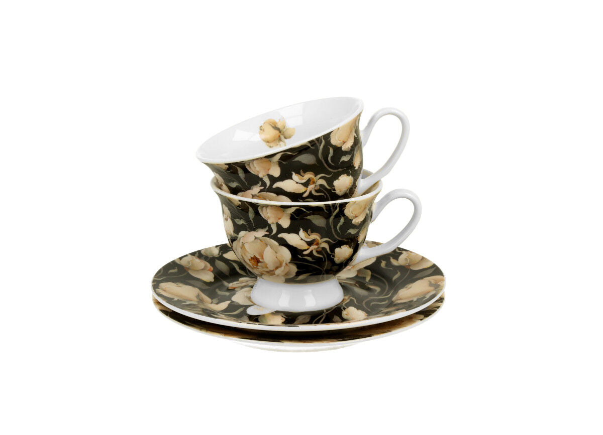 DUO FLORAL 2er-Set Espressotassen 100 ml ENGLISH ROSES BLACK mit Untertassen, New Bone China Porzellan – Bild 4