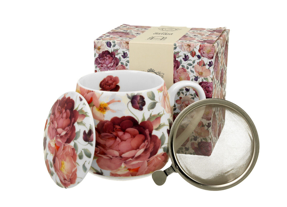 DUO FLORAL Fassbecher 430 ml SPRING ROSES WHITE mit Teesieb, New Bone China Porzellan