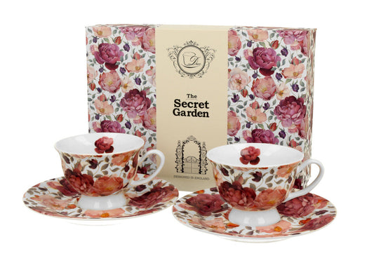 DUO FLORAL 2er-Set Espressotassen 100 ml SPRING ROSES WHITE mit Untertassen, New Bone China Porzellan