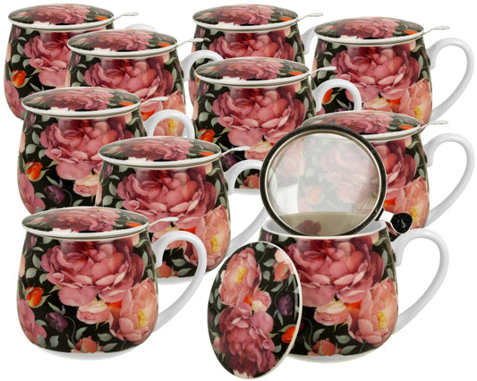 10er SET DUO FLORAL Fassbecher 430 ml SPRING ROSES BLACK mit Teesieb, New Bone China Porzellan