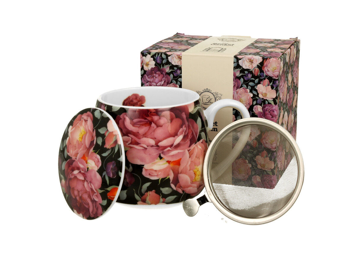 10er SET DUO FLORAL Fassbecher 430 ml SPRING ROSES BLACK mit Teesieb, New Bone China Porzellan – Bild 4