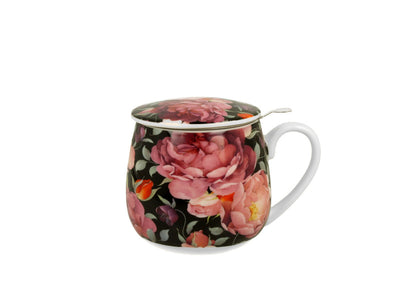 DUO FLORAL Fassbecher 430 ml SPRING ROSES BLACK mit Teesieb, New Bone China Porzellan – Bild 2