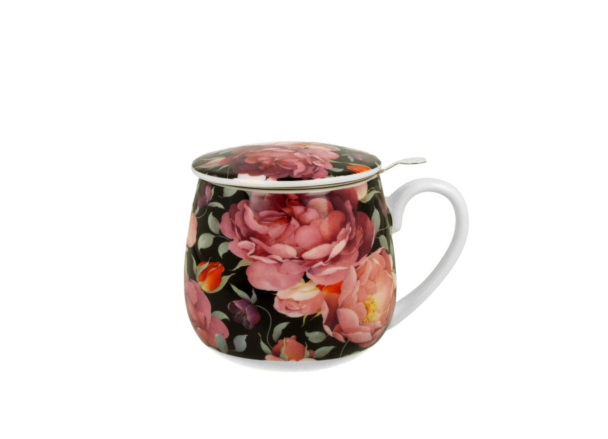10er SET DUO FLORAL Fassbecher 430 ml SPRING ROSES BLACK mit Teesieb, New Bone China Porzellan – Bild 2