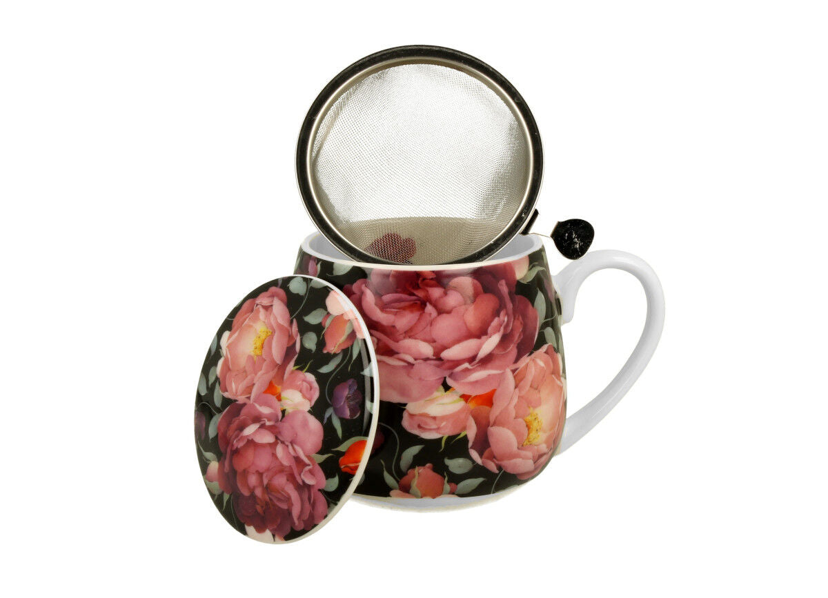 10er SET DUO FLORAL Fassbecher 430 ml SPRING ROSES BLACK mit Teesieb, New Bone China Porzellan – Bild 3