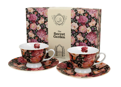 DUO FLORAL 2er-Set Espressotassen 100 ml SPRING ROSES BLACK mit Untertassen, New Bone China Porzellan