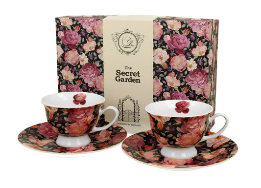 DUO FLORAL 2er-Set Espressotassen 100 ml SPRING ROSES BLACK mit Untertassen, New Bone China Porzellan