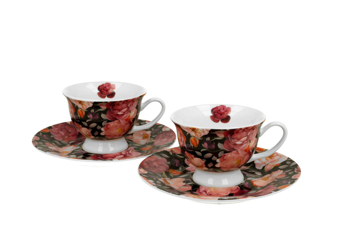 DUO FLORAL 2er-Set Espressotassen 100 ml SPRING ROSES BLACK mit Untertassen, New Bone China Porzellan – Bild 2