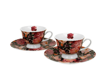 DUO FLORAL 2er-Set Espressotassen 100 ml SPRING ROSES BLACK mit Untertassen, New Bone China Porzellan – Bild 2