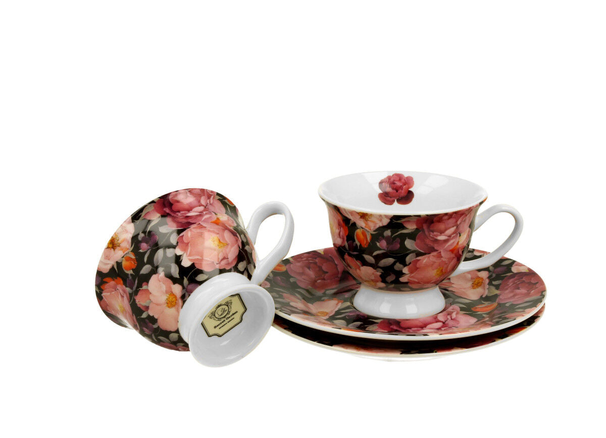 DUO FLORAL 2er-Set Espressotassen 100 ml SPRING ROSES BLACK mit Untertassen, New Bone China Porzellan – Bild 3
