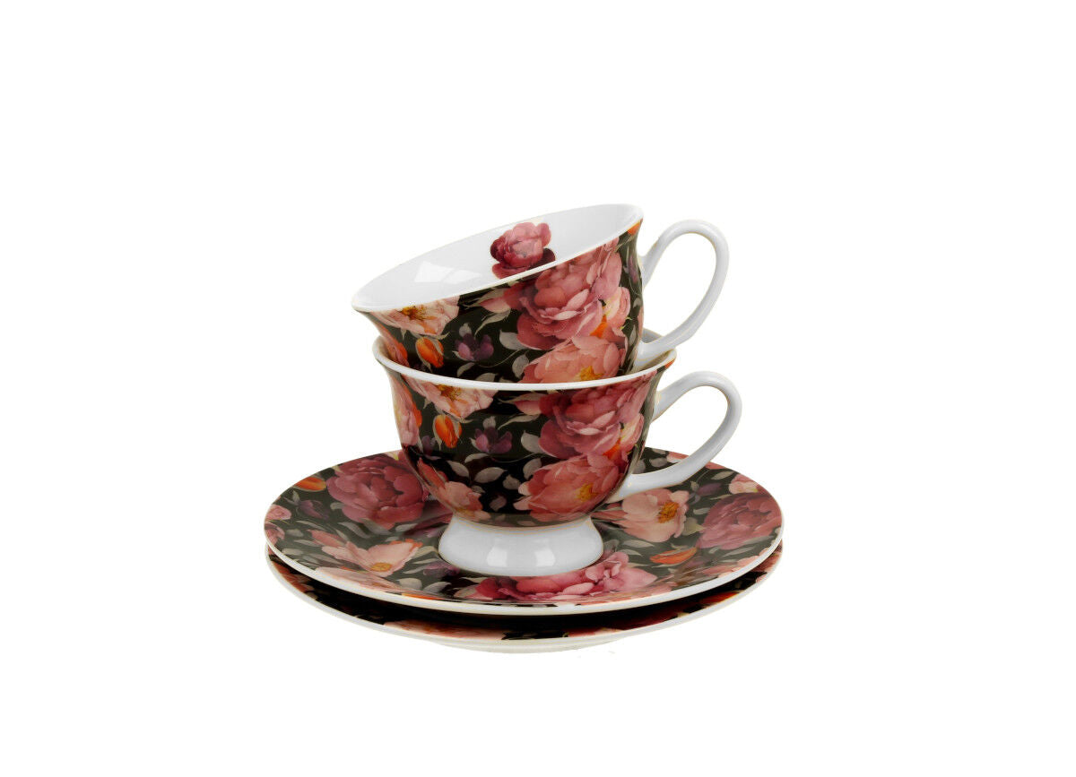 DUO FLORAL 2er-Set Espressotassen 100 ml SPRING ROSES BLACK mit Untertassen, New Bone China Porzellan – Bild 4