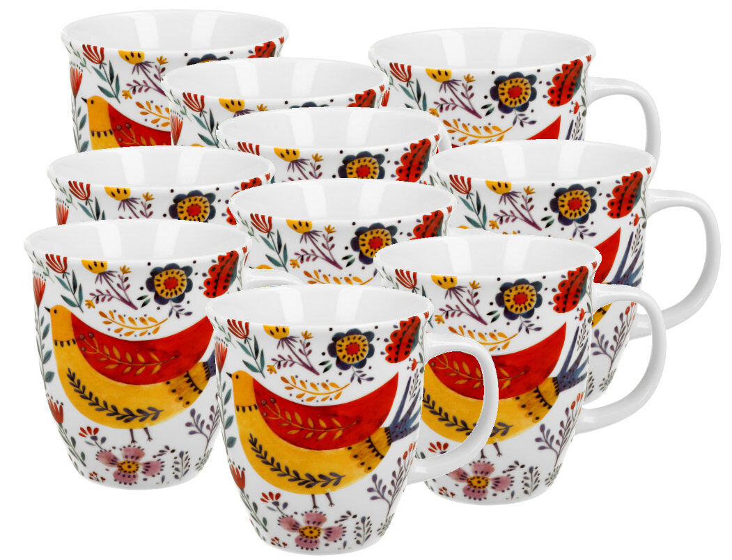 10er SET DUO ETNO Becher 650 ml COLORFUL BIRD New Bone China Porzellan