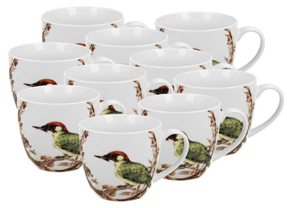 10er SET DUO ANIMALS Becher 460 ml PAINTED WOODPECKER in Tragetasche, New Bone China Porzellan