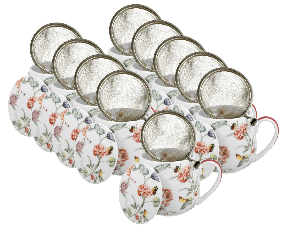 10er SET DUO FLORAL Fassbecher 430 ml MILAGROS mit Teesieb, New Bone China Porzellan