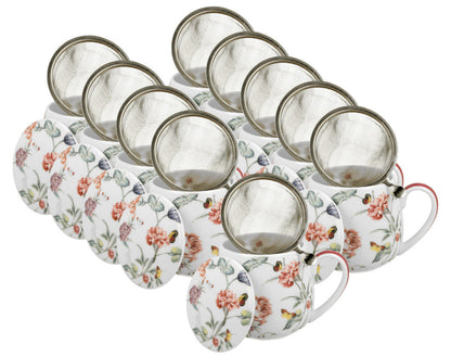 10er SET DUO FLORAL Fassbecher 430 ml MILAGROS mit Teesieb, New Bone China Porzellan