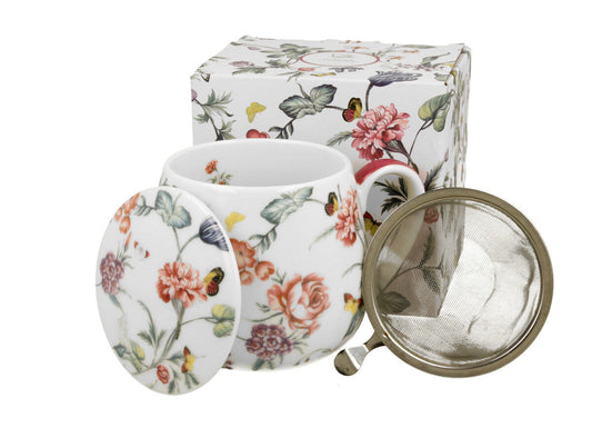 DUO FLORAL Fassbecher 430 ml MILAGROS mit Teesieb, New Bone China Porzellan