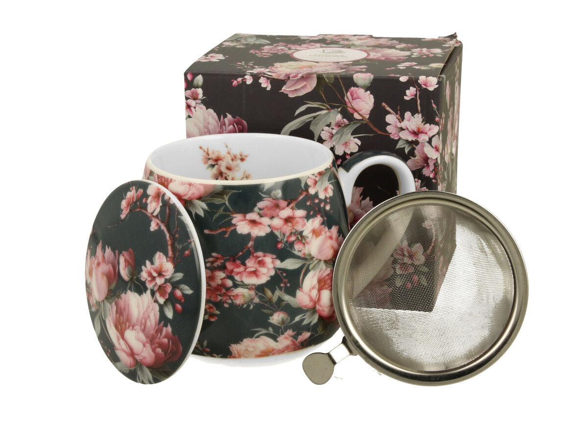 DUO FLORAL Fassbecher 430 ml NOEMI BLACK mit Teesieb, New Bone China Porzellan