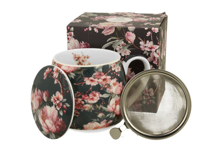 DUO FLORAL Fassbecher 430 ml NOEMI BLACK mit Teesieb, New Bone China Porzellan