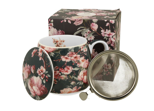 DUO FLORAL Fassbecher 430 ml NOEMI BLACK mit Teesieb, New Bone China Porzellan