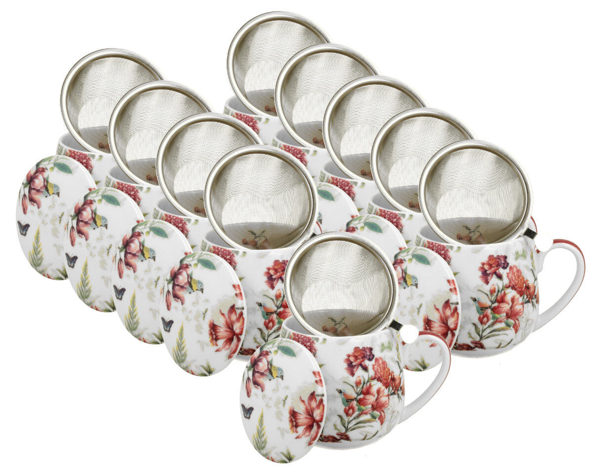 10er SET DUO FLORAL Fassbecher 430 ml LUCIA mit Teesieb, New Bone China Porzellan