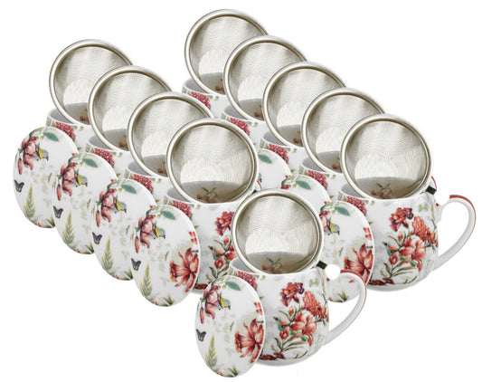 10er SET DUO FLORAL Fassbecher 430 ml LUCIA mit Teesieb, New Bone China Porzellan