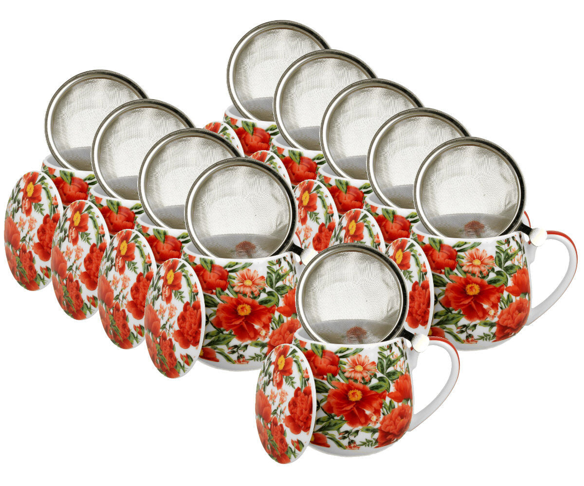 10er SET DUO FLORAL Fassbecher 430 ml FELICITY mit Teesieb, New Bone China Porzellan