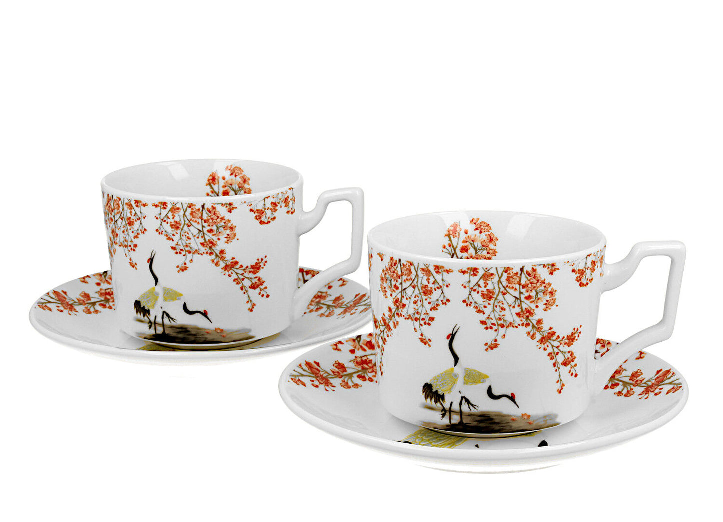 DUO ART GALLERY 2er-Set Tassen mit Untertassen SAKURA & CRANES 270 ml, New Bone China Porzellan