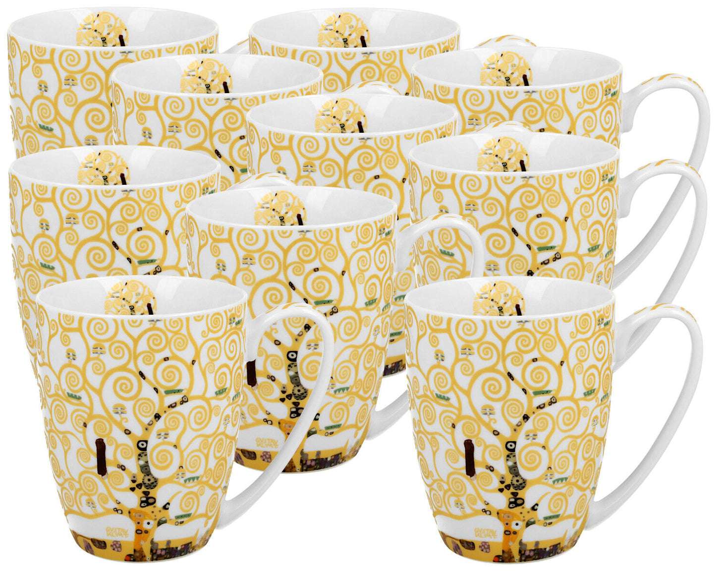 10er SET DUO ART GALLERY Klassischer Becher 360 ml TREE OF LIFE Ecru inspired by Gustav Klimt New Bone China Porzellan
