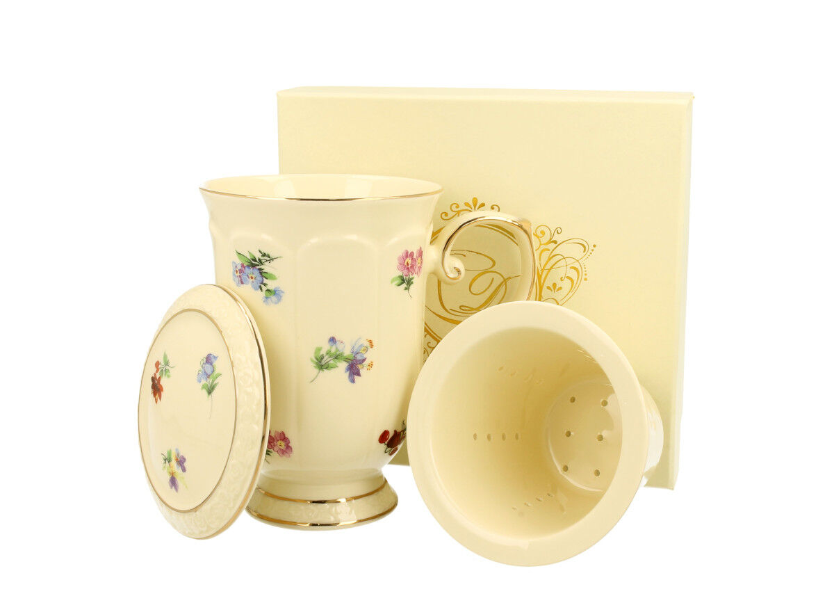 DUO ECRU Becher 450 ml ENGLAND mit Teesieb, New Bone China Porzellan