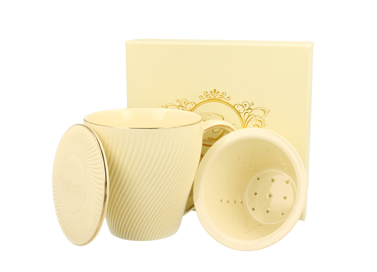 DUO ECRU Becher 430 ml ICE CREAM mit Teesieb, New Bone China Porzellan