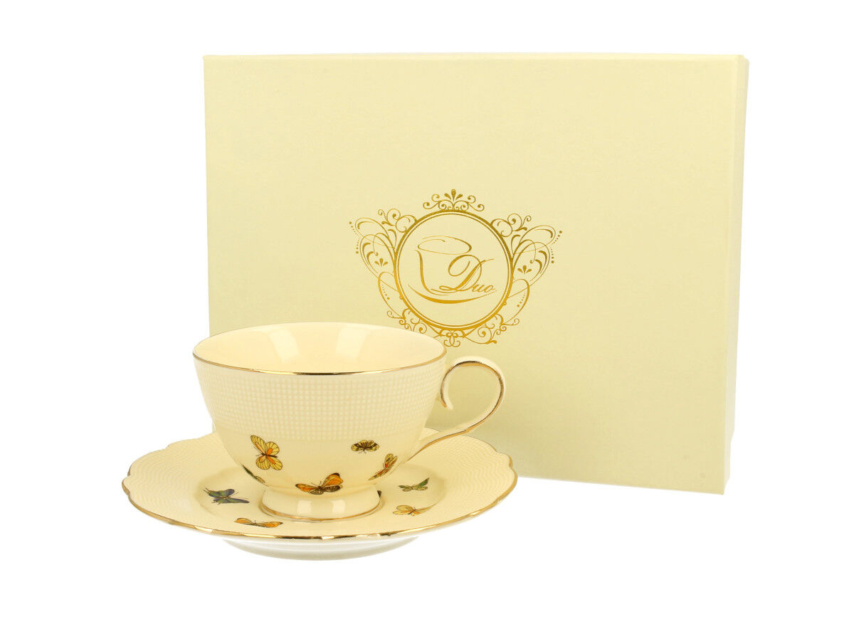 DUO ECRU Tasse 260 ml BUTTERFLIES mit Untertasse, New Bone China Porzellan