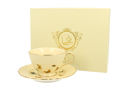 DUO ECRU Tasse 260 ml BUTTERFLIES mit Untertasse, New Bone China Porzellan